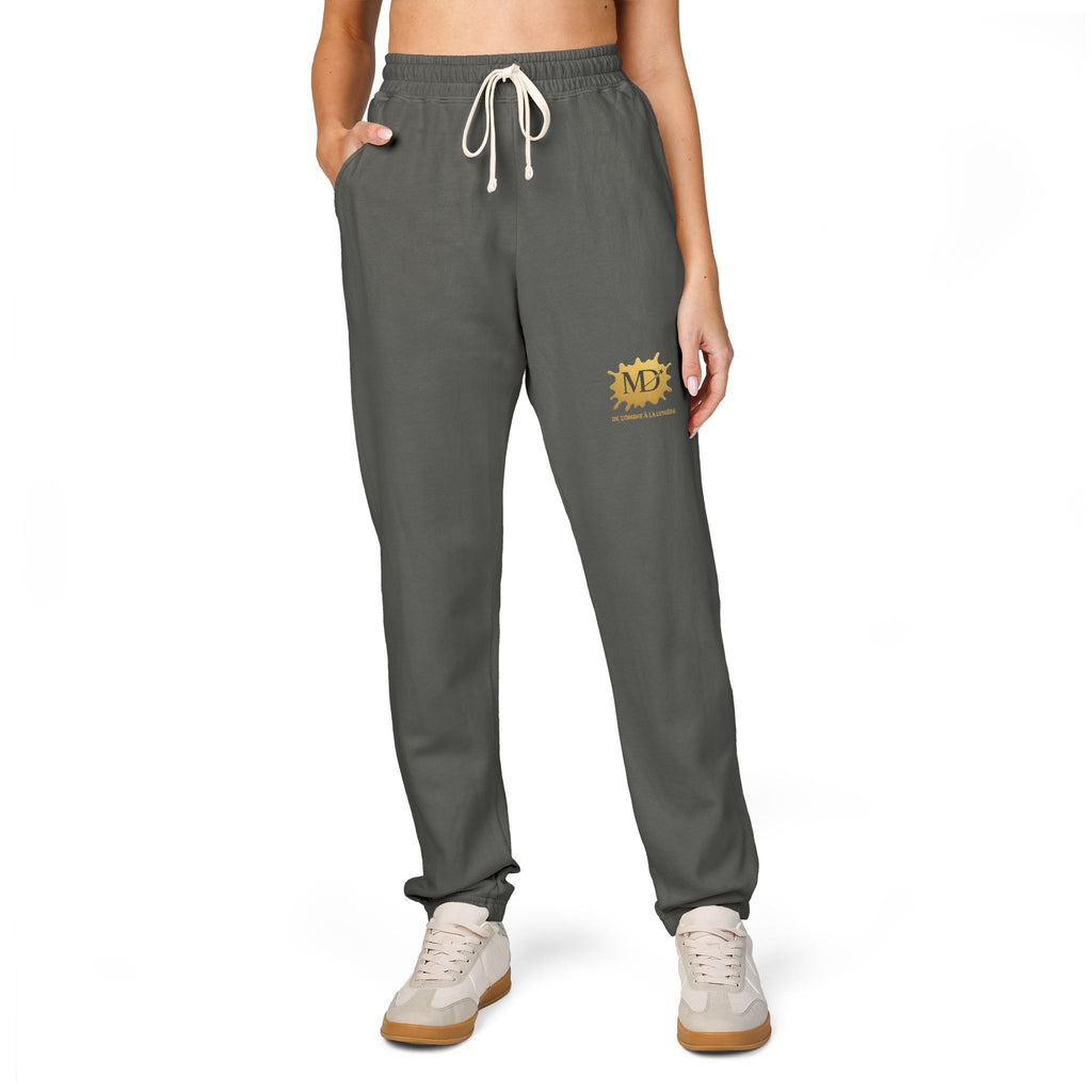 Cozy Crest Sweatpants — Garment-Dyed Fleece Joggers with Yellow Emblem