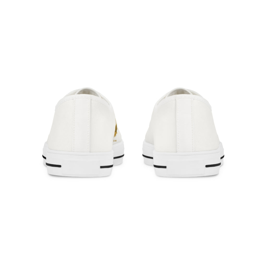 Men's White Low Top Sneakers with Gold Sunburst MD Logo