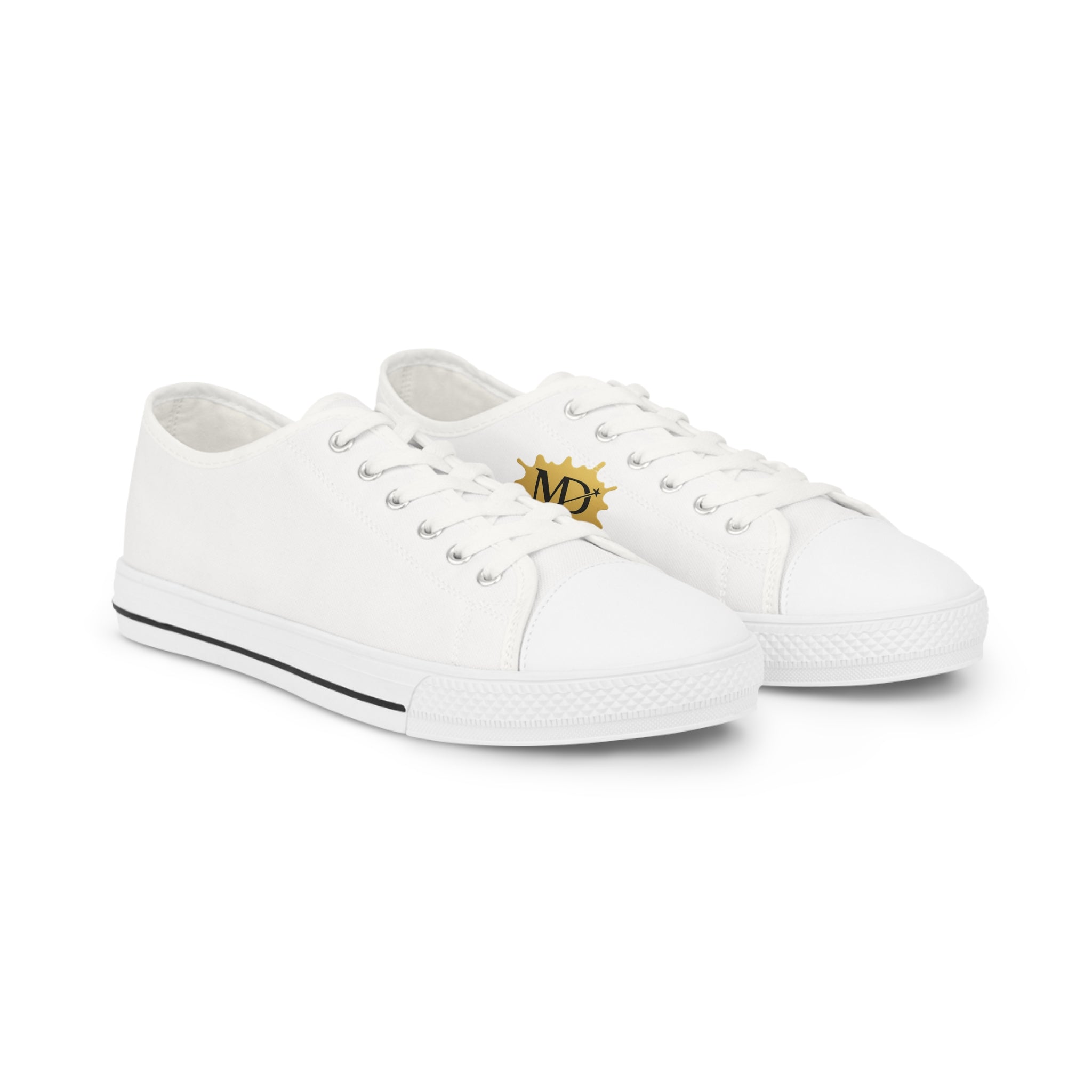 Men's White Low Top Sneakers with Gold Sunburst MD Logo