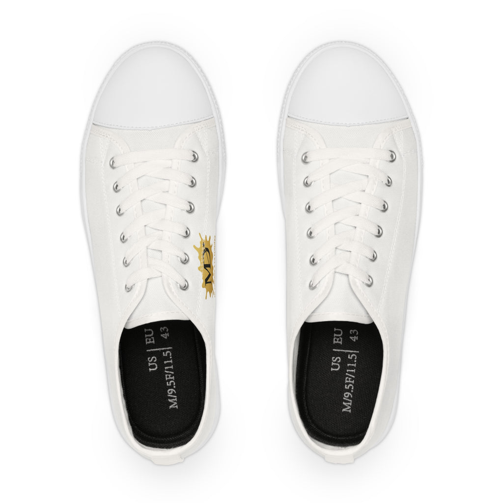 Men's White Low Top Sneakers with Gold Sunburst MD Logo