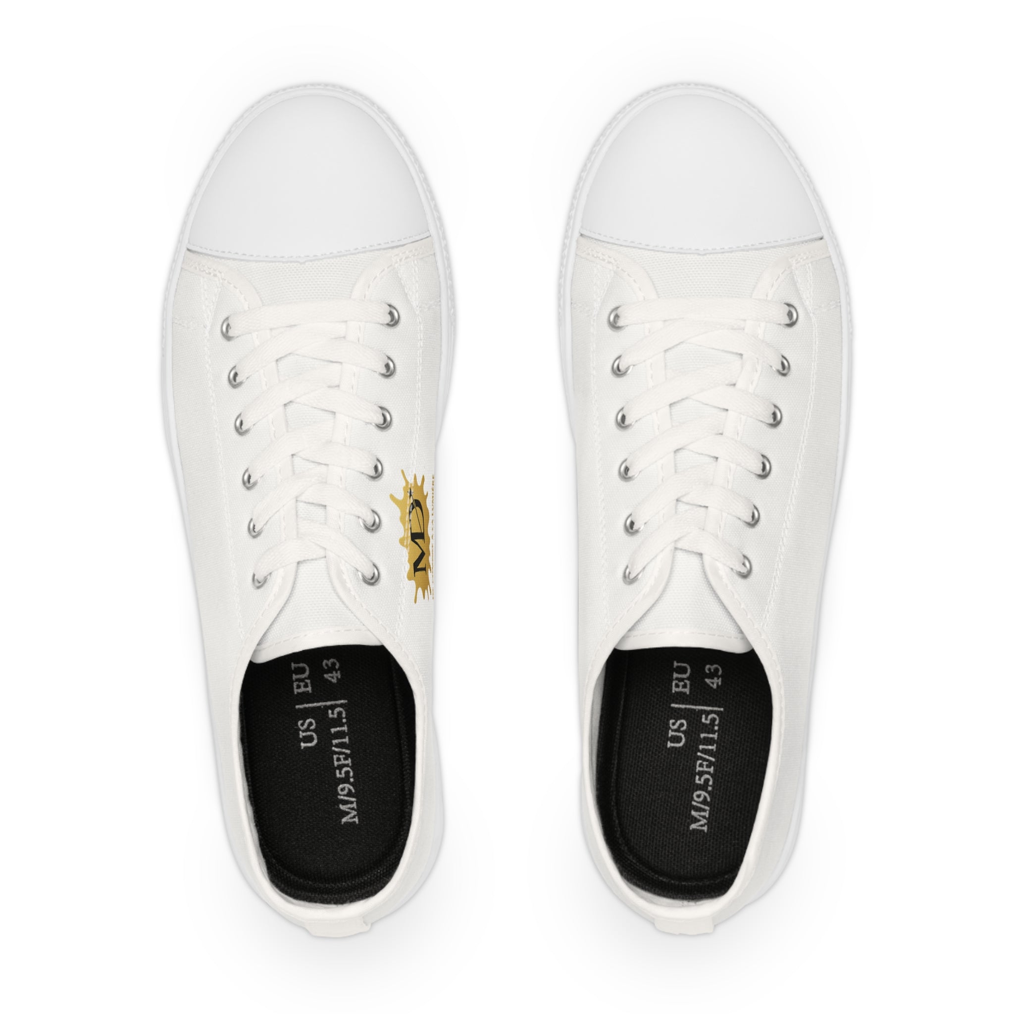 Men's White Low Top Sneakers with Gold Sunburst MD Logo