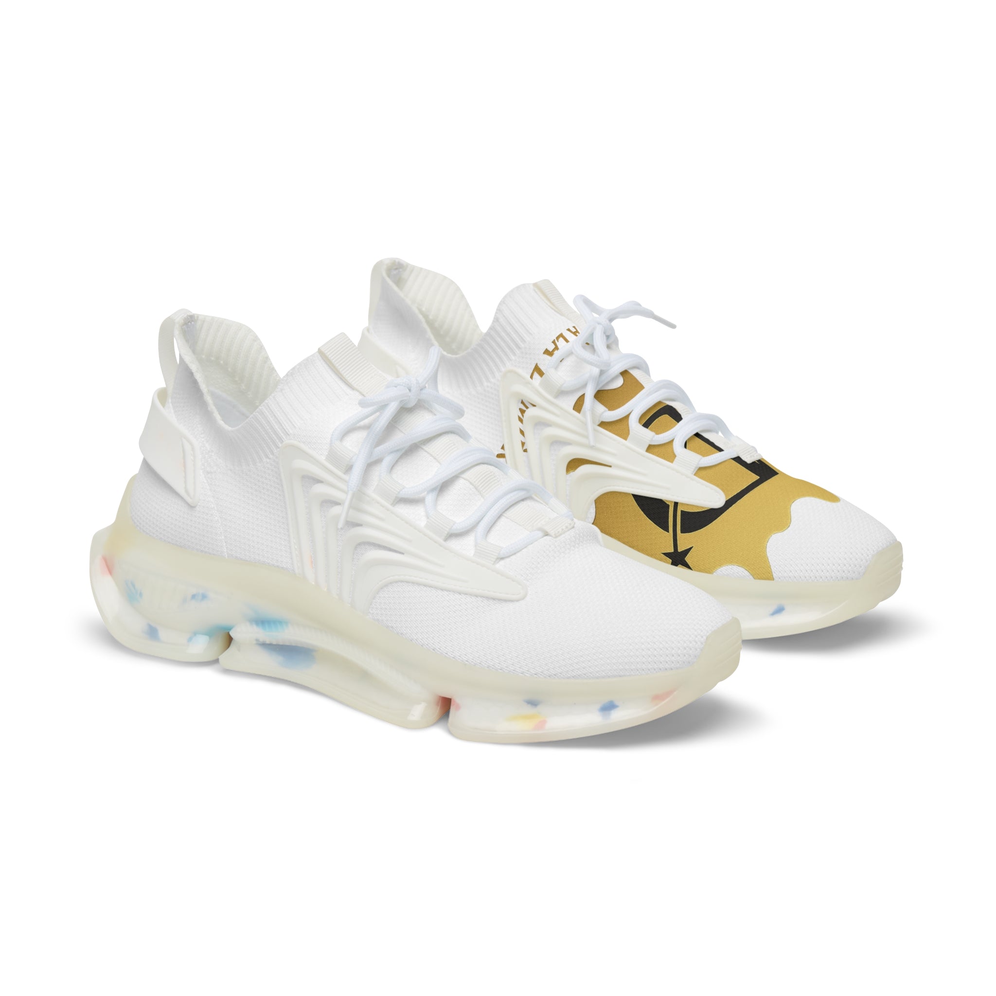 Men's Mesh Sneakers — White Athletic Trainer with Gold Camouflage Accent
