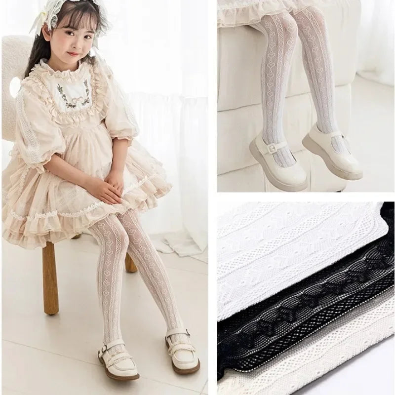 2025 New Summer Girls Tights Pure Cotton Breathable Mesh Beige White Black Children Princess Pantyhose Lolita Leggings For 2-12y