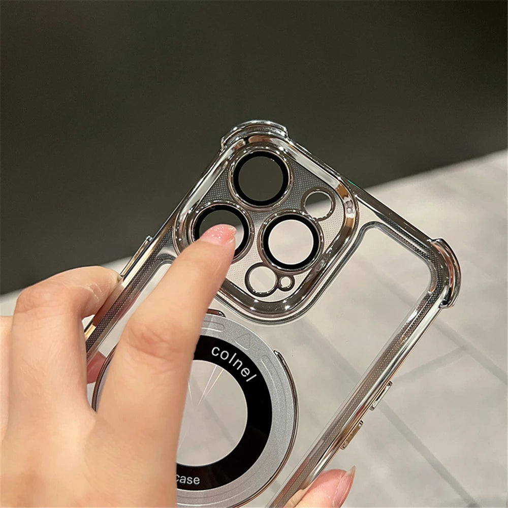 Luxury Plating Shockproof Magnetic Bracket For Magsafe Clear Case For iPhone 15 16 14 13 12 17 Pro Max With Holder Stand Cover
